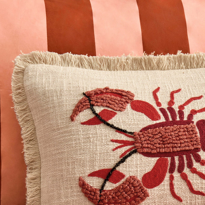 100% Cotton Embroidered Loop Lobster Cushion Cover - Stone/ Red - DUSK