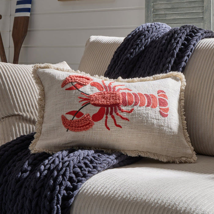 100% Cotton Embroidered Loop Lobster Cushion Cover - Stone/ Red - DUSK