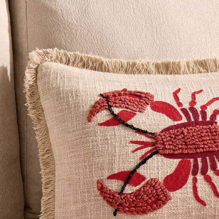 100% Cotton Embroidered Loop Lobster Sofa Cushion Cover - Stone/ Red - DUSK