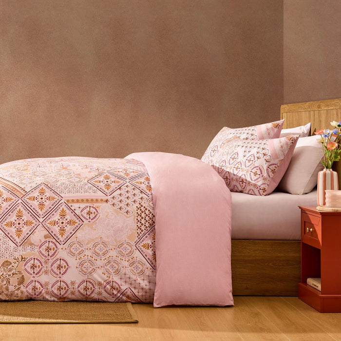 Aurora 100% Cotton Tile Print Duvet Cover & Pillowcase Set - Pink - DUSK