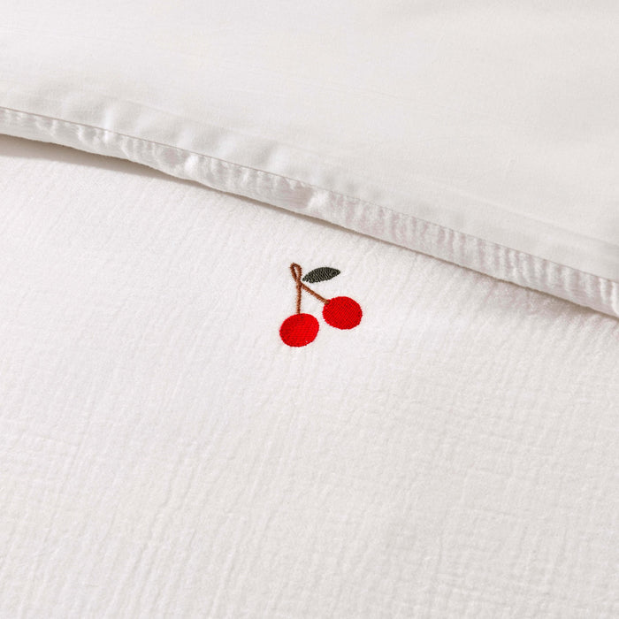 Cherry Embroidery 100% Cotton Muslin Duvet Cover & Pillowcase Set - White - DUSK