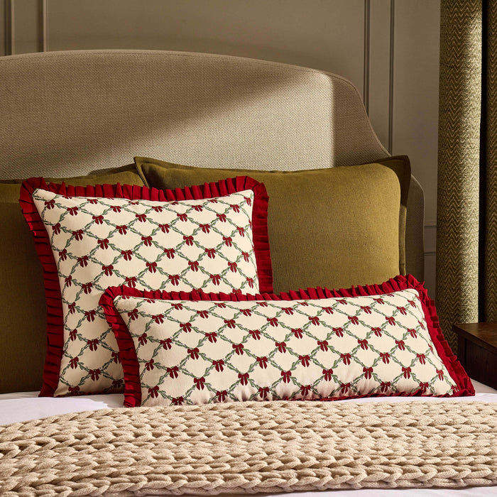 Christmas Bow Frill Edge 100% Cotton Cushion Cover - Burgundy - DUSK
