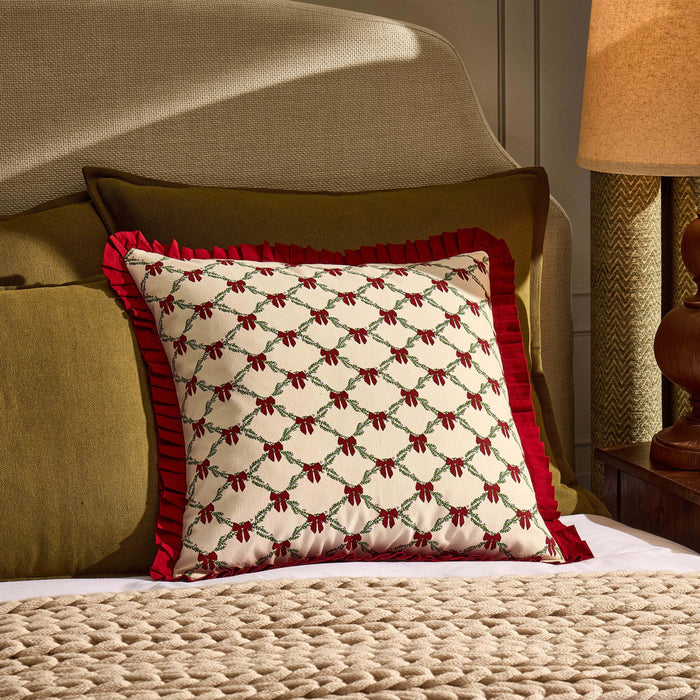 Christmas Bow Frill Edge 100% Cotton Cushion Cover - Burgundy - DUSK