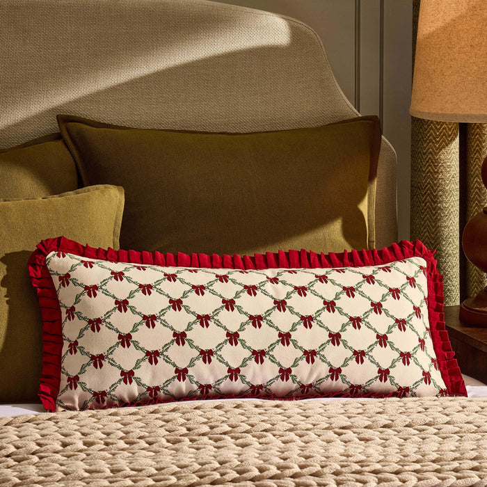 Christmas Bow Frill Edge 100% Cotton Cushion Cover - Burgundy - DUSK