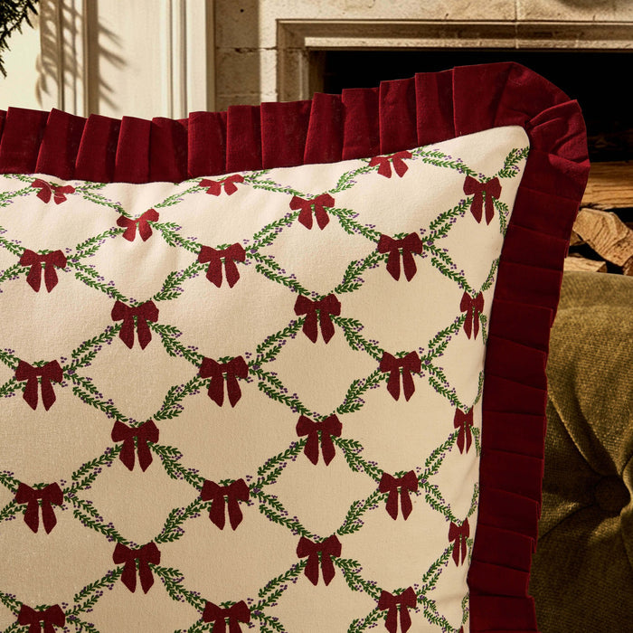 Christmas Bow Frill Edge 100% Cotton Sofa Cushion Cover - Burgundy - DUSK
