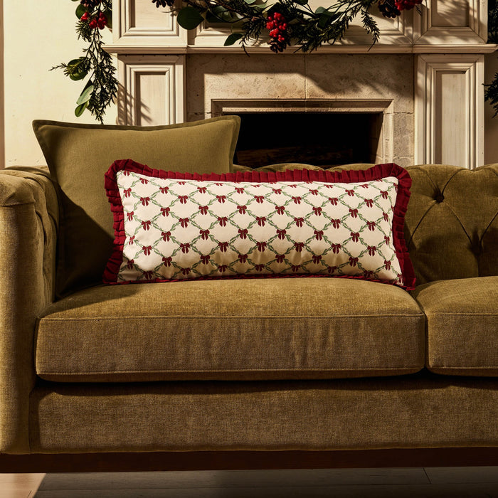 Christmas Bow Frill Edge 100% Cotton Sofa Cushion Cover - Burgundy - DUSK