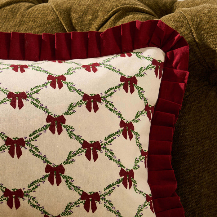 Christmas Bow Frill Edge 100% Cotton Sofa Cushion Cover - Burgundy - DUSK