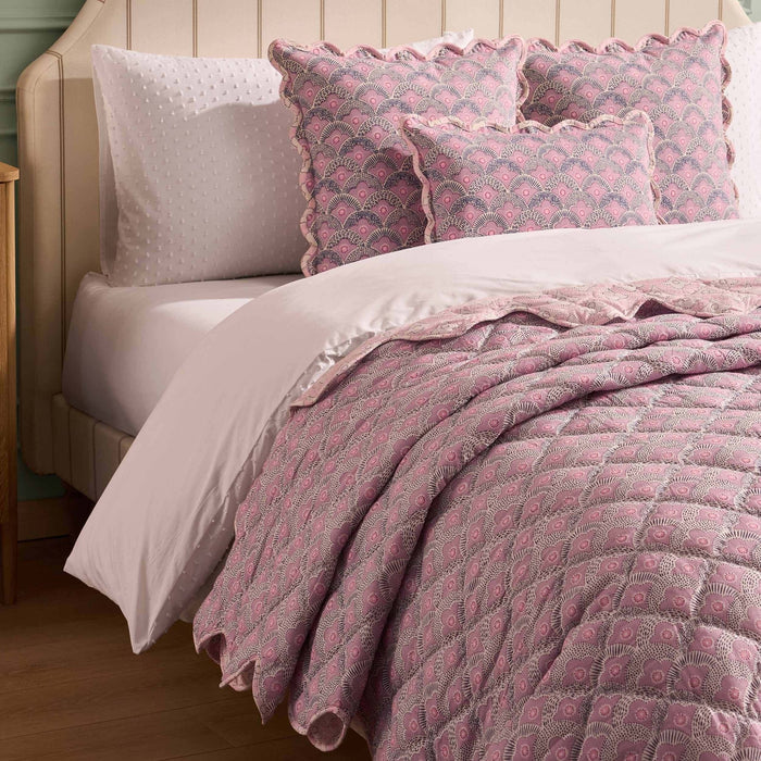 Esme 100% Cotton Printed Scallop Reversible Bedspread - Pink - DUSK