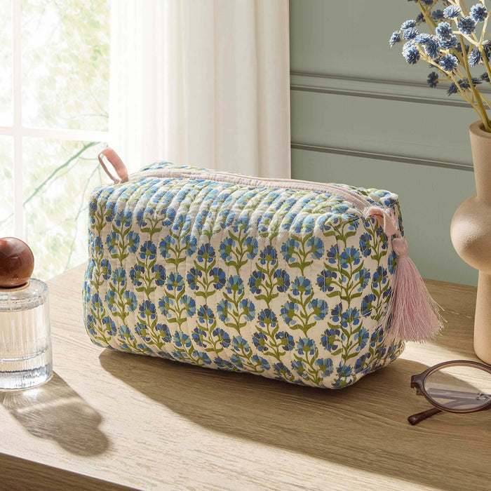 Fiona Cotton Printed Makeup Bag - Blue/ Pink - DUSK
