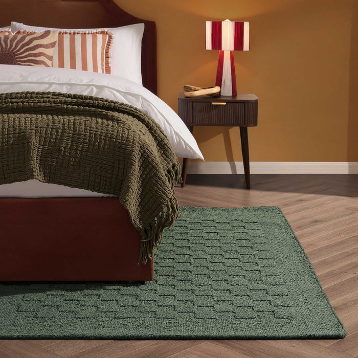 Hand Woven Wool Checkerboard Rug - Forest Green - DUSK