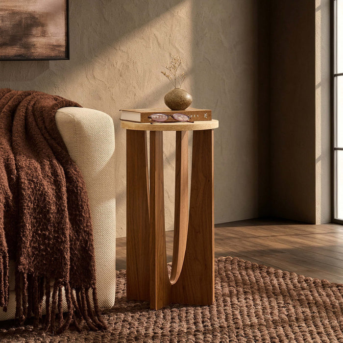 Lana Round Side Table - Mid Wood/ Travertine Effect - DUSK