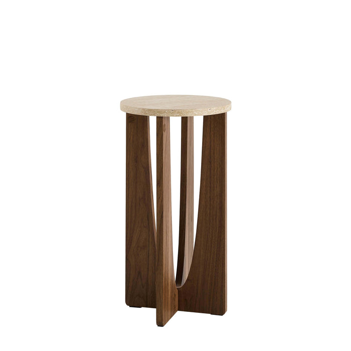 Lana Round Side Table - Mid Wood/ Travertine Effect - DUSK