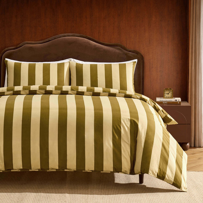 Livia 100% Cotton Tonal Stripe Duvet Cover & Pillowcase Set - Olive - DUSK