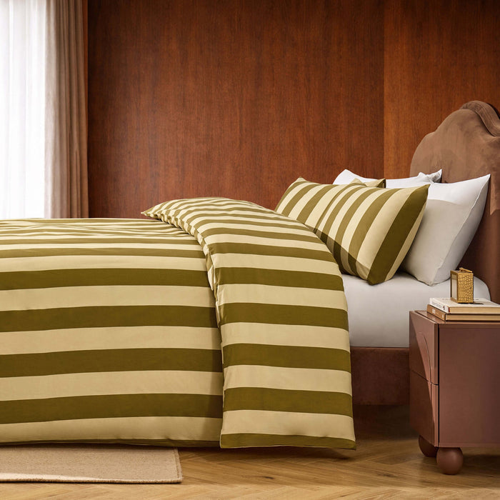 Livia 100% Cotton Tonal Stripe Duvet Cover & Pillowcase Set - Olive - DUSK