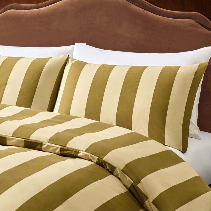 Livia 100% Cotton Tonal Stripe Duvet Cover & Pillowcase Set - Olive - DUSK