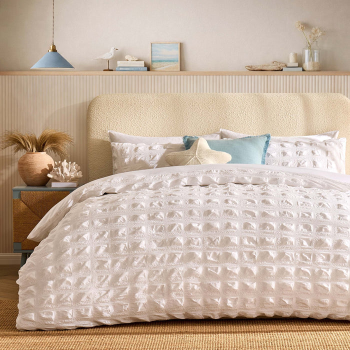 Marissa 100% Cotton Seersucker Check Duvet Cover & Pillowcase Set - White - DUSK