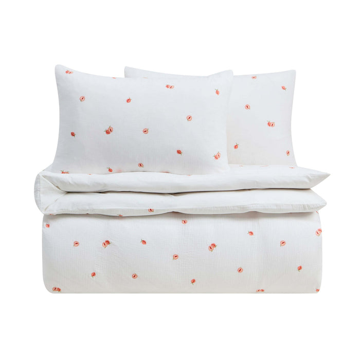 Peach Embroidery 100% Cotton Muslin Duvet Cover & Pillowcase Set - Peach - DUSK