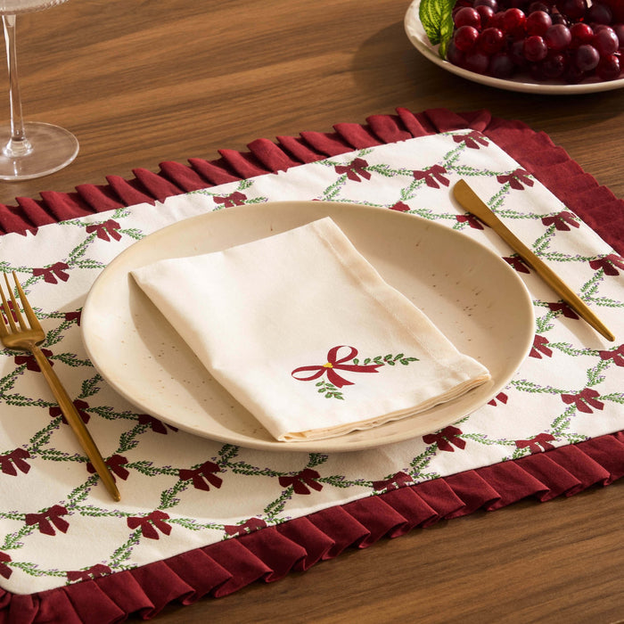 Printed Bow 100% Cotton Christmas Set of 4 Napkins - Red - DUSK