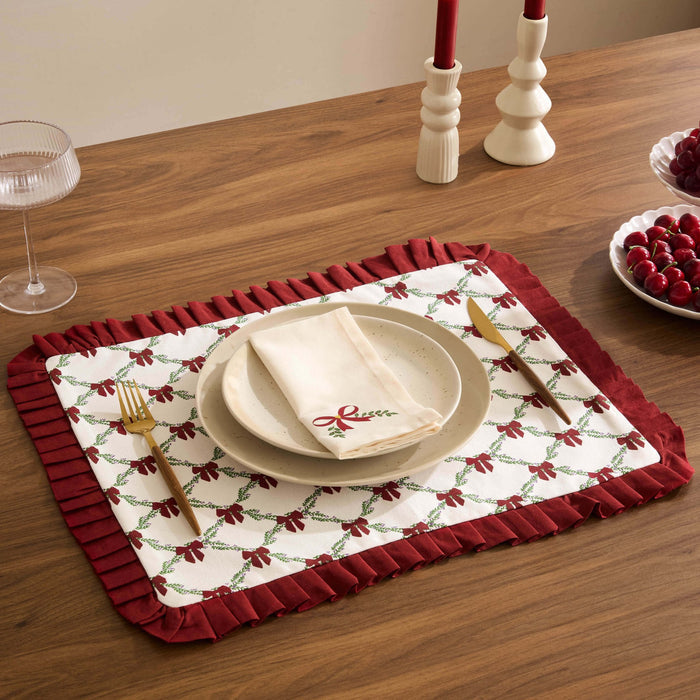 Printed Bow 100% Cotton Christmas Set of 4 Placemats - Red - DUSK