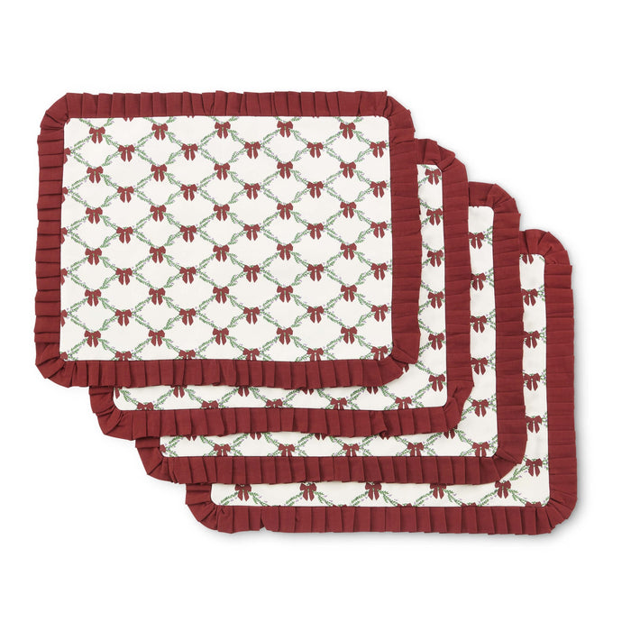 Printed Bow 100% Cotton Christmas Set of 4 Placemats - Red - DUSK