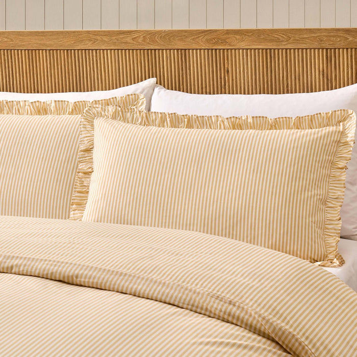 Remy 200 Thread Count Shirting Stripe Print Ruffle Edge Duvet Cover Set - Buttermilk - DUSK