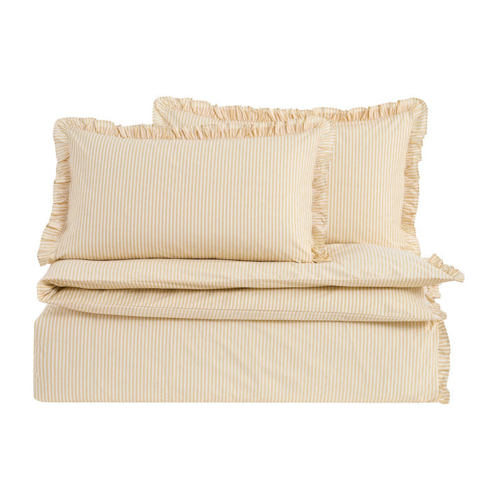 Remy 200 Thread Count Shirting Stripe Print Ruffle Edge Duvet Cover Set - Buttermilk - DUSK
