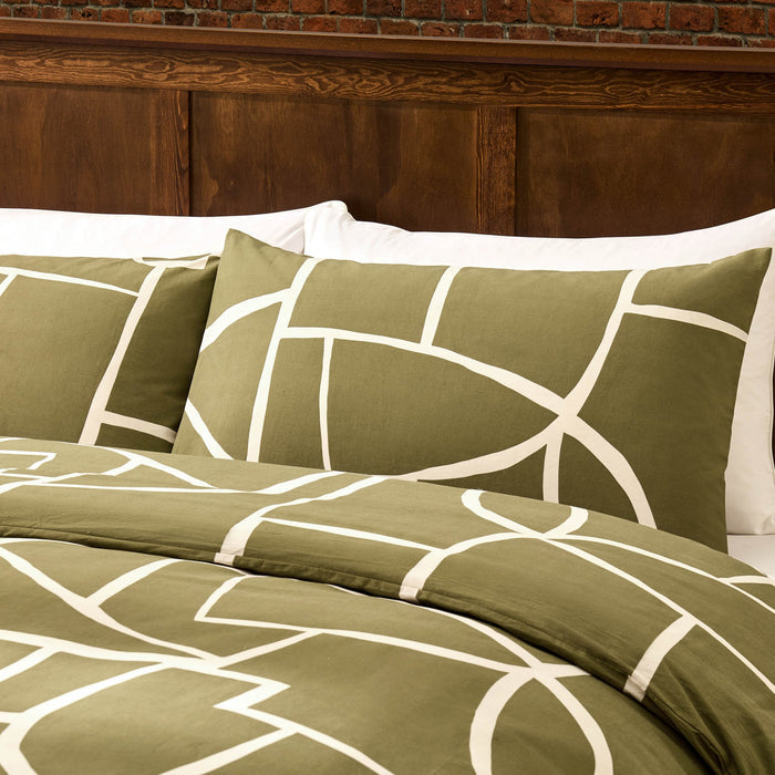 Reuben 100% Cotton Tile Print Duvet Cover & Pillowcase Set - Olive - DUSK