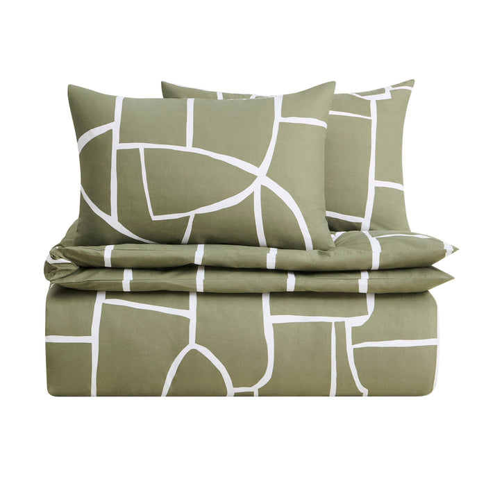 Reuben 100% Cotton Tile Print Duvet Cover & Pillowcase Set - Olive - DUSK