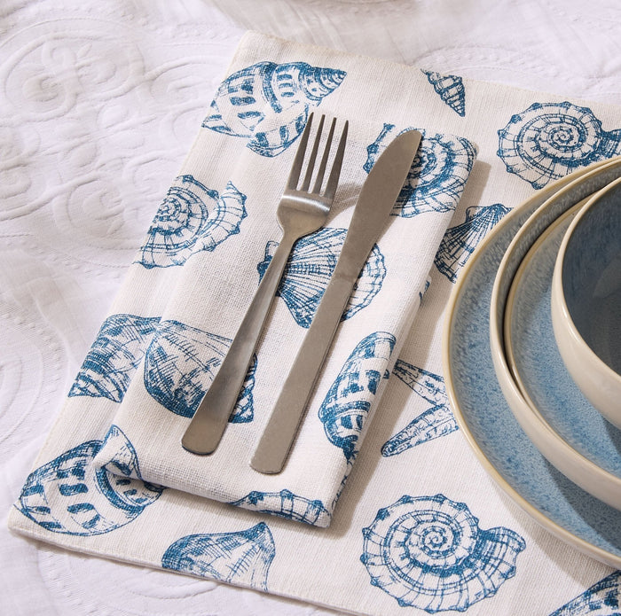 Seashell Print Set of 4 Napkins - Natural/ Blue - DUSK