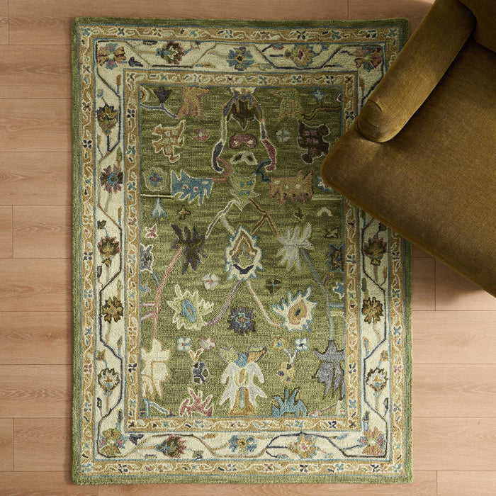 Wool Floral Pattern Rug - Green - DUSK